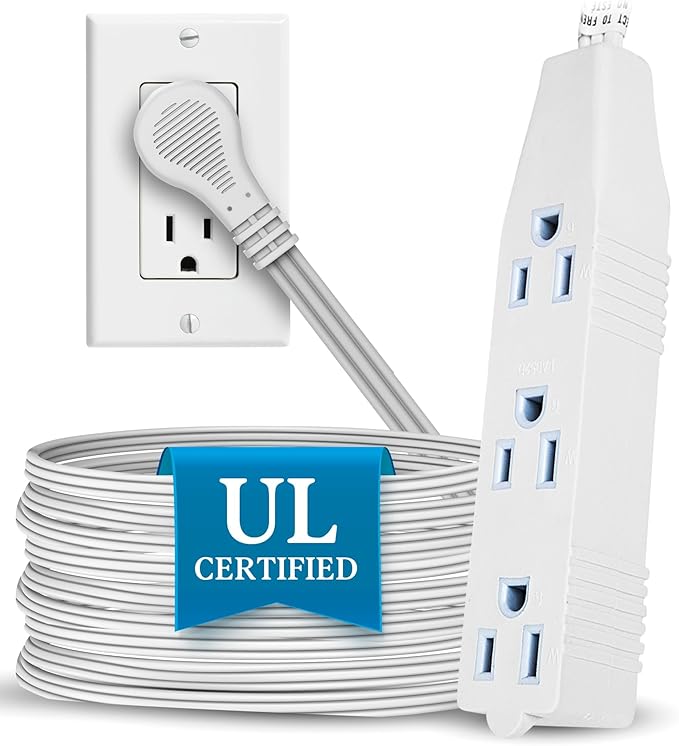 Flat Multiple Outlet Extension Cord 10 Ft for Indoor Use by Electes- UL-Listed 3-Prong Multi Extension Wire- Space-Saving Flat Angled Extension Cord- White