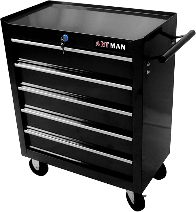 YOPTO Multifunctional Cart with 5 Ball-Bearing Drawers,Portable Rolling Tool Chest W/ 4 Wheels,Key Locking and Pull Handle,for Garage,Warehouse,Workshop,Repair Shop,Black