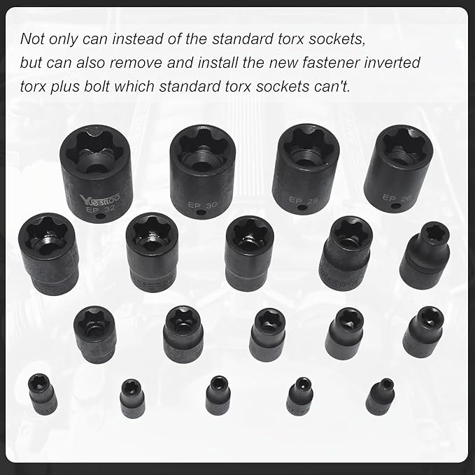 Torx Plus Socket Set, External Torx Plus 6 Point EP Socket EP4 - EP32 19Pcs With 1/2'' 3/8'' 1/4'' Dr, Replacement for E-TORX Socket Set, Works with Most Cars and Tesla