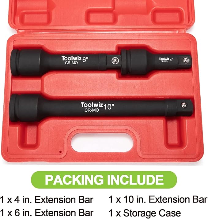 Toolwiz 3/4” Drive Impact Extension Bar 4”, 6”, 10” (3 Piece) Cr-Mo Steel, Expand the Range of Impact Drivers, Organized in PVC Box - Black 3/4 Ratchet Wrench Extension Bar Socket Set