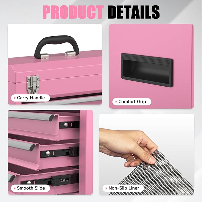 3-Drawer Tool Box, Tool Storage Cabinet, Tool Chest and Locking Mechanism, Metal Tool Cart for Garage Workshop and Room Use (Pink)