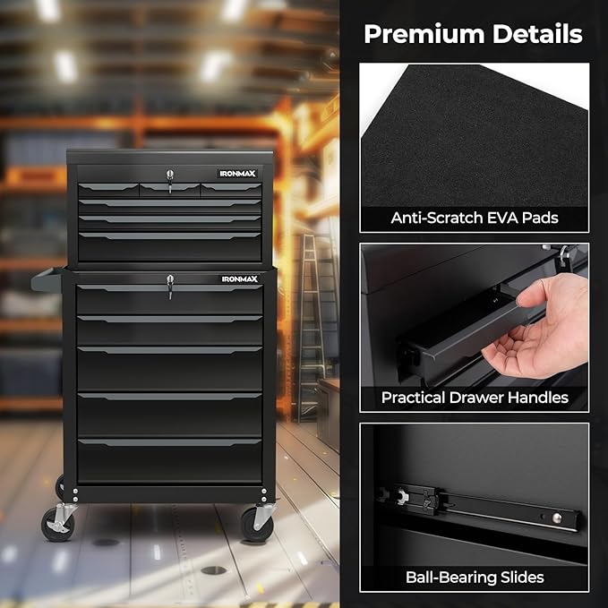 Goplus Rolling Steel Tool Chest, 11-Drawer Heavy-Duty Tool Storage Cabinet with Hanging Holes, Central Keyed Locking System, Ball-Bearing Slides & Lockable Wheels, Tool Box Organizer for Garage
