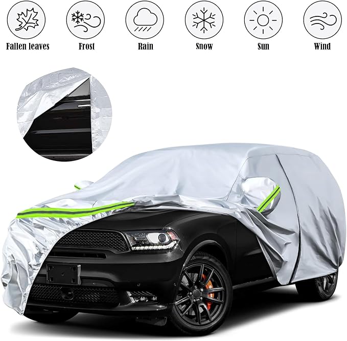 Waterproof Car Covers Replace for 2011-2025 Dodge Durango, 6 Layers Silver All Weather Custom-fit Car Cover with Zipper Door & Windproof Bands for Snow Rain Dust Hail Protection