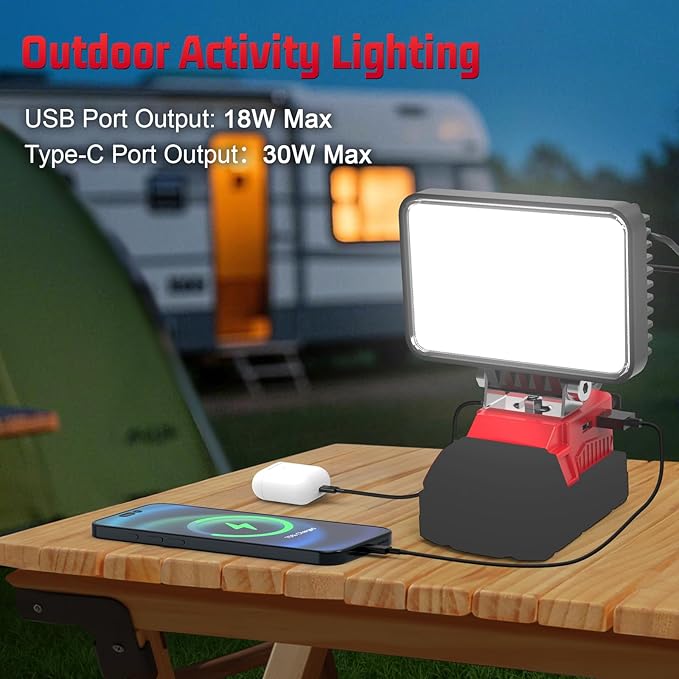 7200LM LED Work Light Compatible with Milwaukee 18V Battery, 72W Cordless Floodlight with 2 USB, 1 Type-C Port, Upgraded LED Light Low Voltage Protection Outdoor Lighting Adjustable 140°