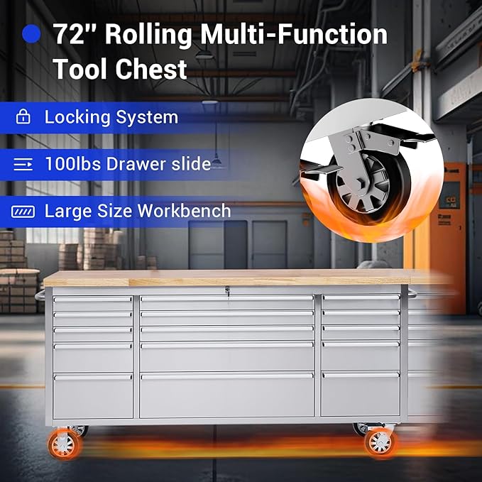 CHETTO C 72 inch Tool Chest Tool Box Mobile 15 Drawers Storage Rolling Cabinet with Wheels Lock Key Locking System Drawer Liners for Garage Warehouse Repair Shop