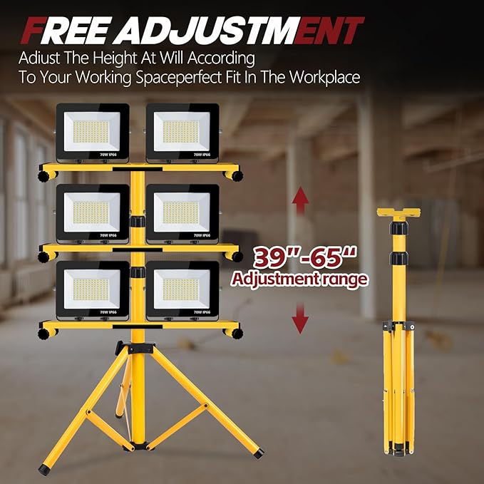 22000 Lumen Work Lights with Stand, 3 Adjustable Head LED Work Light, with Adjustable and Foldable Tripod Stand, Waterproof Lamp with Individual Switch with 6500 Kelvin Color （3head Yellow）