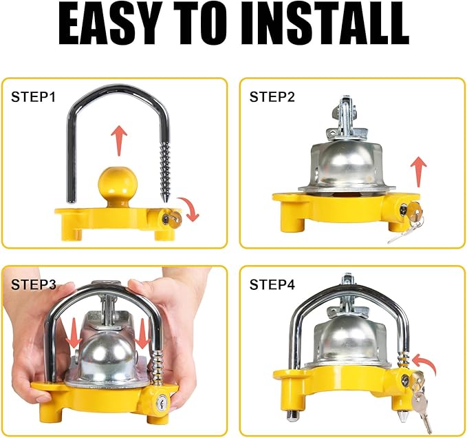 TCE ATRCLL001U Torin Lightweight Coupler Lock: Adjustable Trailer Ball Hitch Lock Storage Security, Heavy-Duty Steel and Aluminium, Yellow and Chrome