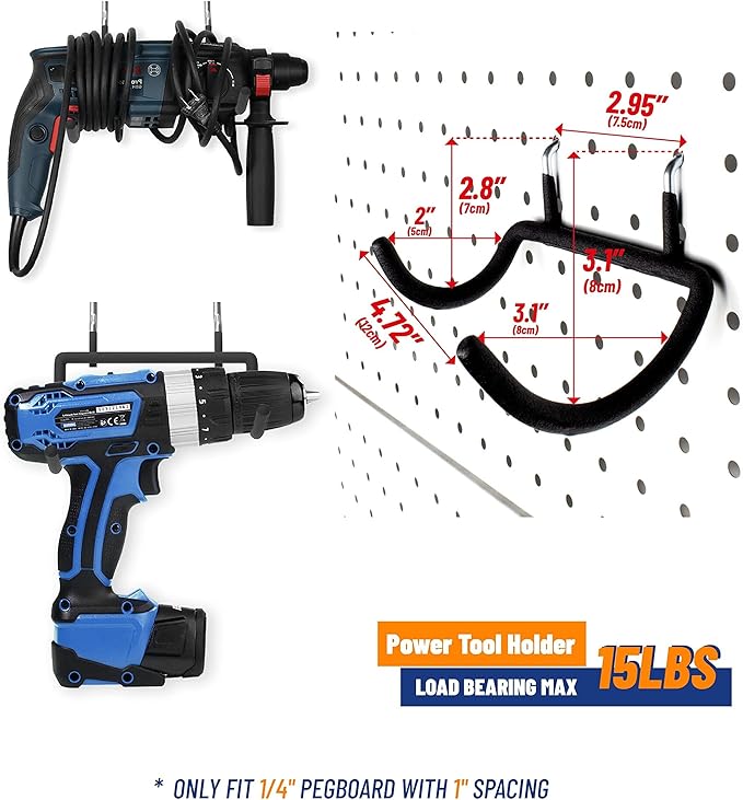 POETISKE Peg Board Tool Utility Hooks Pegboard Accessories Assorories 10PC Black Shelf Drill Cord Holder Fits for 1/4" Peg Board Hanging Power Tool Hammer Utility Garage Storage