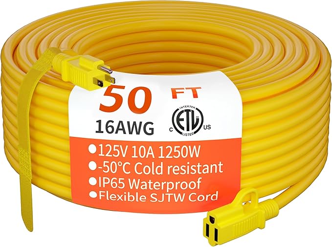 HUANCHAIN Indoor Outdoor Extension Cord 50 ft Waterproof, 16/3 Gauge Flexible Resistant Appliance Extension Cord Outside, 13A 1625W 16AWG SJTW, 3 Prong Electric Cable Yellow, ETL