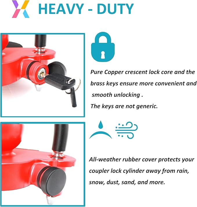 X-Haibei Trailer Locks Ball Hitch with Keys fit 1-7/8"", 2" and 2-5/16" Couplers, Universal Adjustable Trailer Coupler Lock Heavy Duty Aluminum Body, Copper Lock Cylinder for Boat Camper RV Red