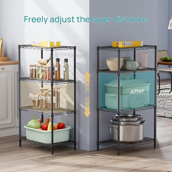 SINGAYE 4 Tier Storage Rack Wire Shelving Unit Shelves Metal for Pantry Closet Shelve Organization Kitchen Laundryroom 800Lbs Capacity 24" D x 14" W x 48" H Black