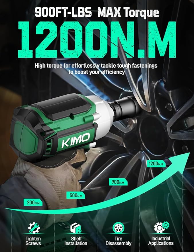 KIMO Impact Wrench 1/2 Cordless, 1200N.m (406ft-lbs), 4000RPM, 9-Piece Drill & Driver Set, 4Sockets Impact Drill for Car Tires, Safety Lock, 2x4000mAh Battery, Variable Modes Power Smart Impact Wrench