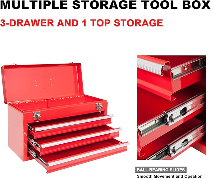 BIG RED ANTBD133-XB Torin 20.5" Portable 3 Drawer Steel Tool Box with Metal Latch Closure, Red