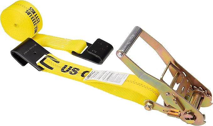 US Cargo Control Flat Hook Ratchet Strap, 2 Inch Wide X 27 Foot Long, Yellow Weather Resistant Webbing, 3,333 Pound Working Load Limit, Pallet of 320