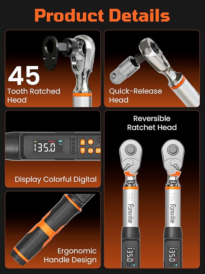 3/8" Drive Digital Torque Wrench, 5.02-99.57 Ft.lb/6.8-135 Nm, Inch Pound Torque Wrench Electronic with Buzzer & Colorful LED Indicator, Torque Wrench Set for Cars Automotive Motorcycle