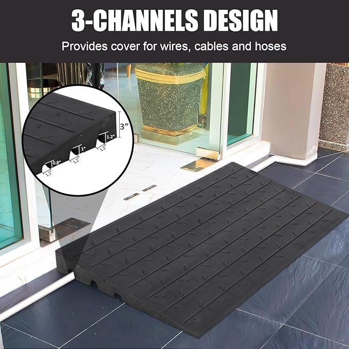 Towallmark Rubber Threshold Ramp, 3'' Rise Portable Wheelchair Ramp for Home Steps, 2500LBS Capacity Curb Ramp Handicap Ramps for Wheelchairs Driveway Mobility Scooters with 3 Channels Cord Cover