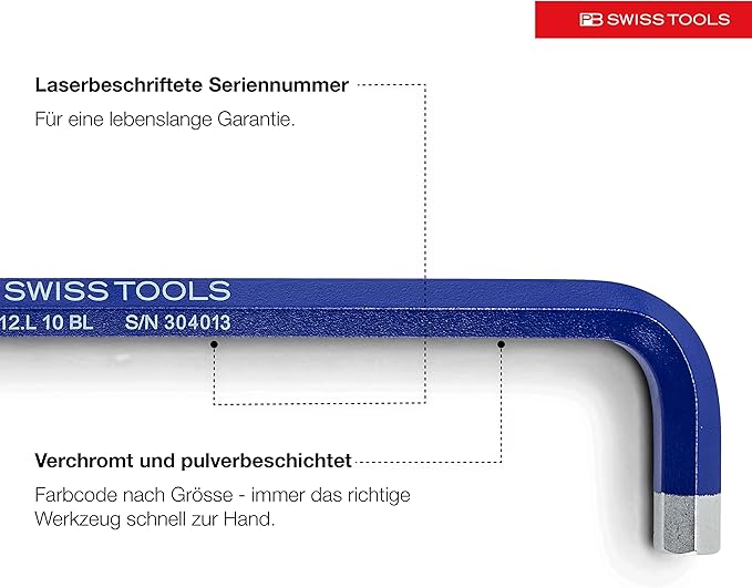 PB SWISS TOOLS Rainbow Hex Key Set PB 212.LH-10 RB CN | 100% Swiss Made | 9-Piece Allen Wrench Set Color Coded by Size 1.5-10mm with Ball End