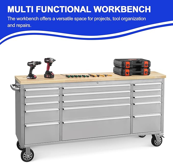 72-Inch Stainless Steel Rolling Tool Box with 15 Drawers, Heavy-Duty Mobile Garage Workbench, Lockable Large Tool Chest Storage Cabinet with Wheels for Workshop