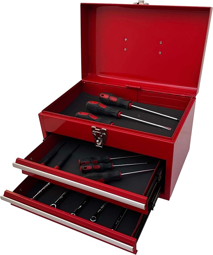 Workington Portable Metal Tool Chest with 2 Drawers, 14" 2-Drawer Tool Chest Cabinet with Ball Bearing Drawer Slides, Steel Tool Storage Box Organizer 4202 Red