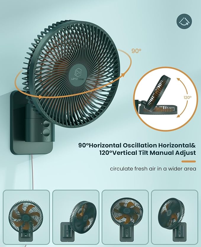 LEMOISTAR 8 Inch Small Wall Mounted Fan with Remote Control, 90° Oscillating, 4 Speeds High Velocity, Timer, Adjustable Tilt, 70 Inch Cord, Quiet, for RV Bedroom Home Office Garage-Green&Orange