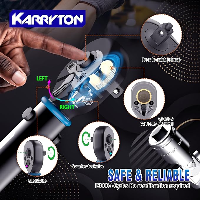 35pc Torque Wrench Set 1/4 3/8 1/2-Inch Drive, CR-MO/72-Tooth/Dual Scale ±3% Accuracy Click Torque Wrenches w/Adapters for Auto, Bike, Motor