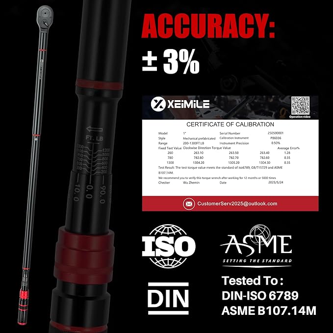 1-Inch Drive Click Torque Wrench - 200-1300 Ft-Lb/271-1762.5Nm, Dual-Direction Adjustable 24 Tooth Torque Wrench, Accuracy 3% for Car, Truck, Tractor, Maintenance and Product Assembly