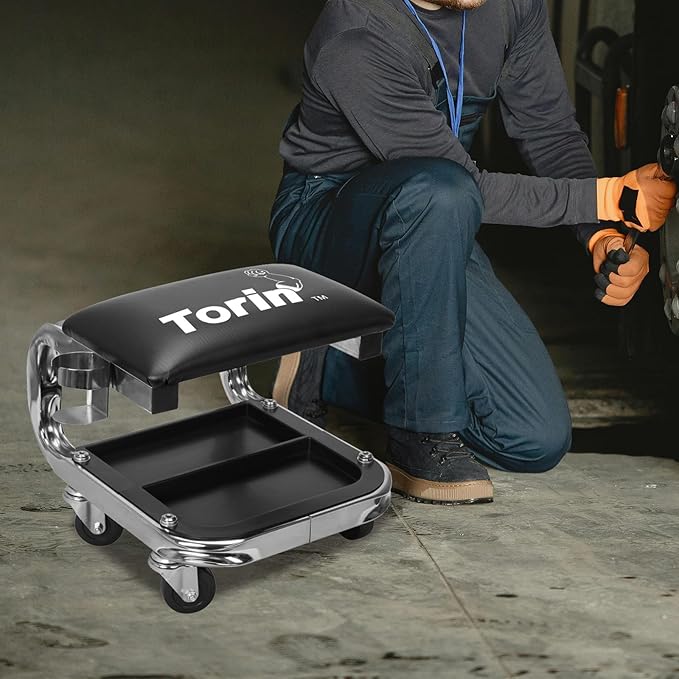 AR7451B Torin Heavy Duty Rolling Creeper Garage/Shop Seat: Padded Mechanic Stool with Tool Tray Storage and Cup Holder, Black