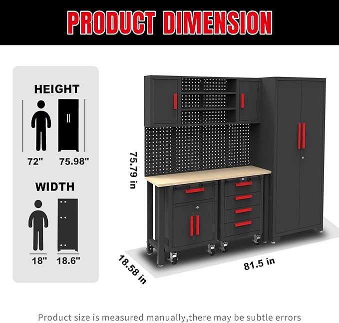 Torin Garage Storage Cabinets System, 6-Pcs Workshop Cabinet Set in Black, Included Steel Cabinets Drawers Rolling Chest and Pegboard,Locked Garage Storage Cabinet