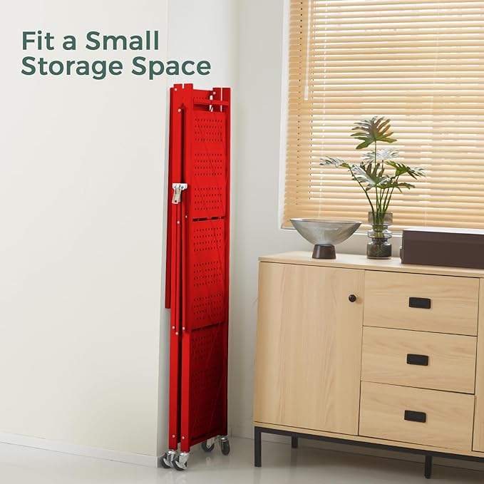 DEANIC 4 Tier Foldable Storage Shelves with Wheels, Large Capacity Shelving Unit, Freestanding Metal Wire Shelf Rack, No Assembly Organizer Rack for Garage Kitchen, Basement(Red)