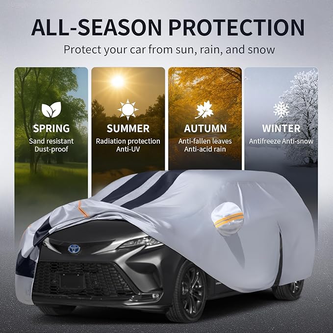 Multi-Layer Car Cover Custom Fit for Toyota Sienna(1997-2026), 100% Waterproof All Weather for Automobiles, Gift with Towel, Heavy Duty Car Covers for Rain Sun UV Protection with Door Zipper