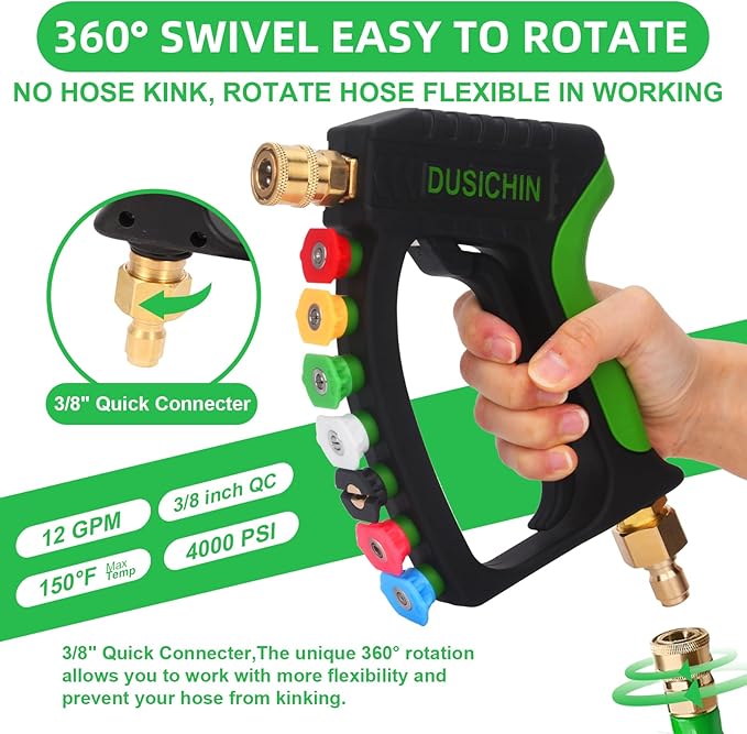 DUSICHIN Short Pressure Washer Gun 4000 PSI High Pressure Water Handle 1/4”Quick Connector,Car Wash Foam Gun Nozzle Tips Holder with Swivel 3/8" Quick Connector,M22-14 mm and M22-15 mm Fitting DUS2902