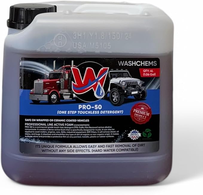 Wash Chems Pro 50 Touchless One Step Car Wash Detergent Soap Concentrate No Brushing, Commercial Grade Professional Auto Foam Cleaner Also Great for Trucks & Tractors