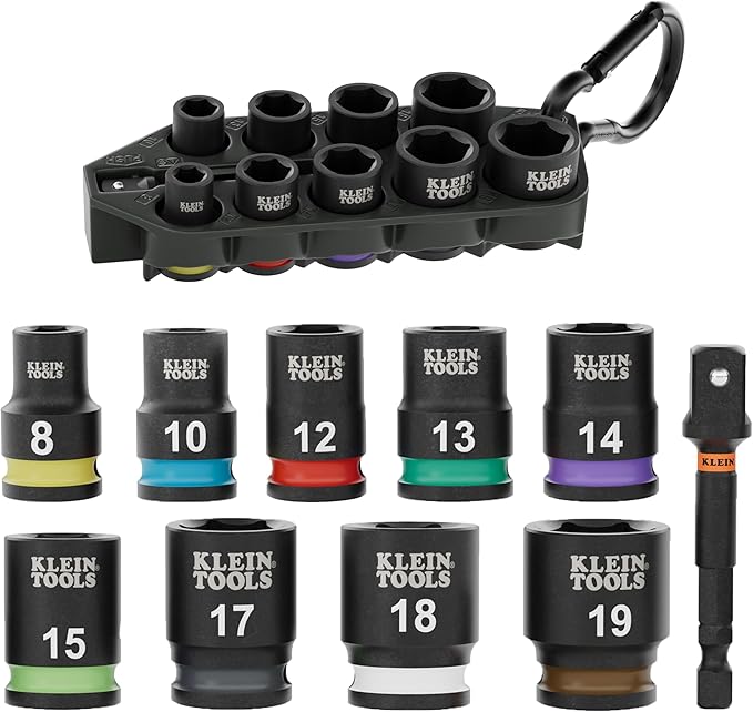 Klein Tools 33809M Grab-And-Go Impact Socket Set, Metric, 10-Piece Set with Sleeve, Carabiner, 3/8-Inch Drive, Color-Coded 8 mm, 10 mm, 12 mm, 13 mm, 14 mm, 15 mm, 17 mm, 18 mm, 19 mm Sockets