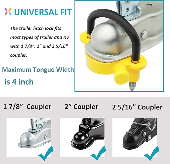 X-Haibei Trailer Hitch Lock with Keys fit 1-7/8"", 2" and 2-5/16" Couplers, Universal Adjustable Ball Hitch Coupler Lock Heavy Duty Aluminum Body, Copper Lock Cylinder, Rustproof for Boat Camper RV