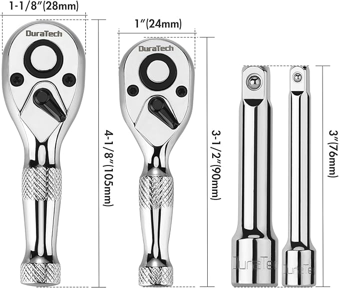 DURATECH Stubby Ratchet Set, 1/4-Inch and 3/8-Inch Ratchets with 2 Extension Bars, 4-piece, 72-T Reversible Quick-Release Head, Chrome Plated Finish and Full Polish