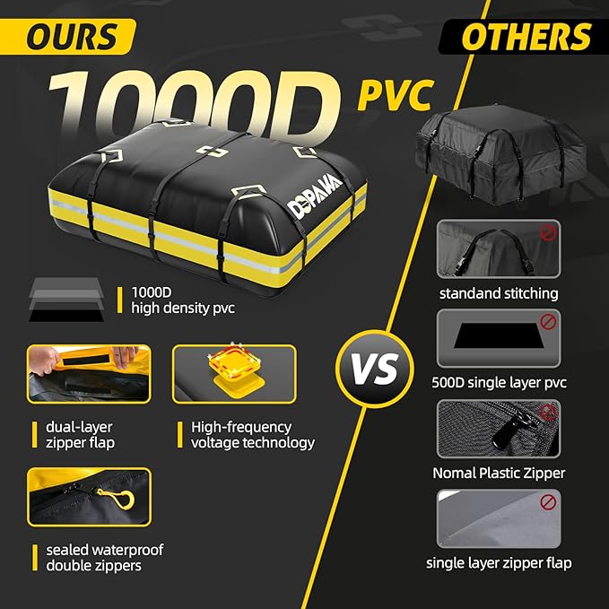 Car Rooftop Cargo Carrier Bag,100% Waterproof Heavy Duty 1000D Car Top Carrier,15 Cubic Feet Car Roof Bag for All Vehicle with/Without Rack,Anti-Tear Anti-Slip Mat, Luggage Lock,6 Door Hooks