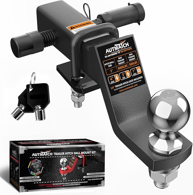 AUTMATCH Trailer Hitch Ball Mount with 2 Inch Hitch Ball - Fits 2" Receiver with Hitch Tightener, 8000Lbs Capacity Ball Hitch, 4-Inch Drop with 5/8" Hitch Lock Pin, Gunmetal