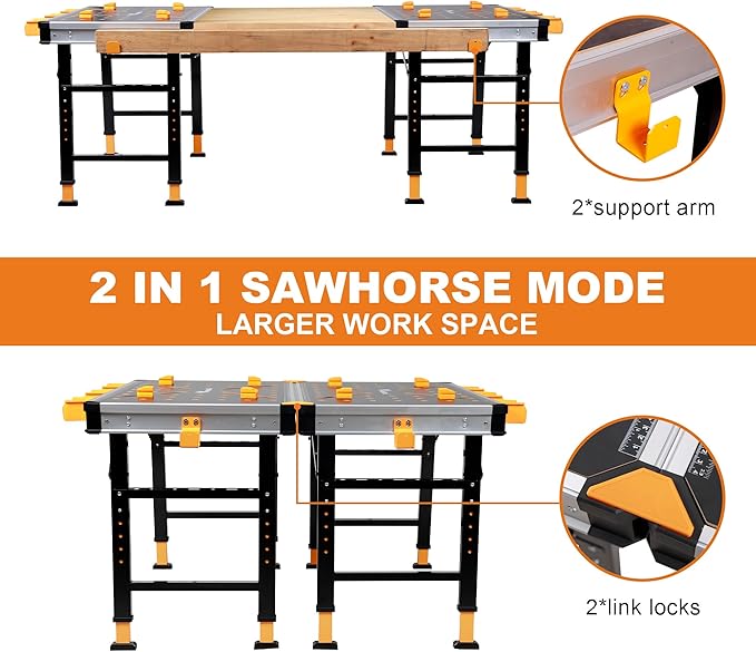 WORKESS Portable Workbench 1000Lbs Capacity 2026 Upgraded Adjustable 5 Level Height Heavy Duty Folding Work Table with 2 Quick Clamps, 4 Bench Dogs, 3 Tool Boxes for Garage Easy Storage