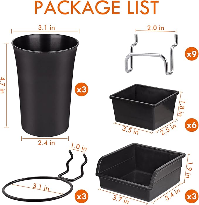 G.CORE 12 Pack Pegboard Bins PegBoard Cups with Hooks & Loops, Peg Board Hooks Assortment Organizer Accessory, Various Tools Storage Arrange System Kit for Garage Craft Workshop Workbench Hobby Office