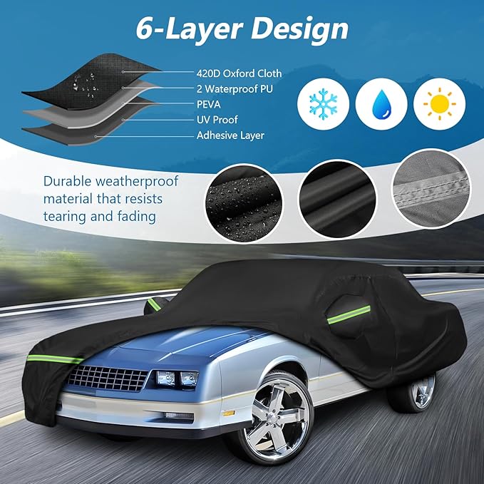 Car Covers for Chevy Monte Carlo 1970-1972/1978-1988, 420D Oxford Cloth Sun Heat Protection Outdoor Full Covers with Driver Side Zipper Windproof Heavy Duty All Weather for 1970-1988 Monte Carlo