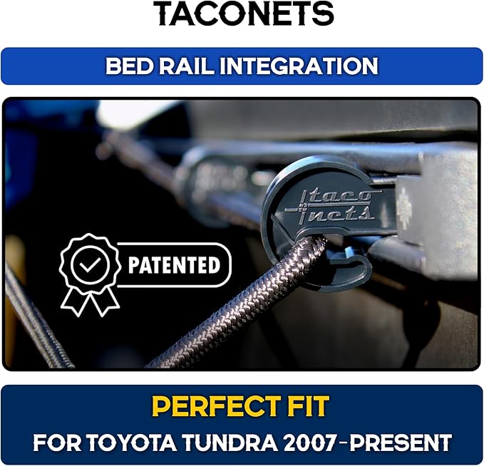 TacoNets Toyota Tundra Cargo Net - Patent Pending Deck Rail Integration - Fits 2007-2023 - 8mm Bungee - 4' x 6' Bungee Net - 6” Diamond Grid Pattern