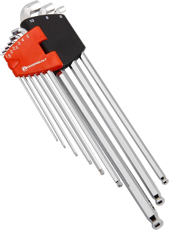 Powerbuilt 9 Piece Metric Stubby Long Arm Ball End Hex Key Wrench Set, Allen Hex Key Wrench, Extra Long Arm, Ball End, size 1.5 to 10mm - 240100