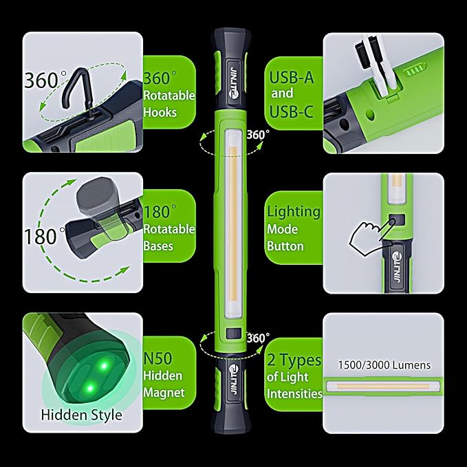 Magnetic Work Light - 3000LM Rechargeable LED Work Light Bar, 5200mAh Under Hood Mechanic Light for Garage, Workshop, Vehicle Inspection (1 Pack Green)