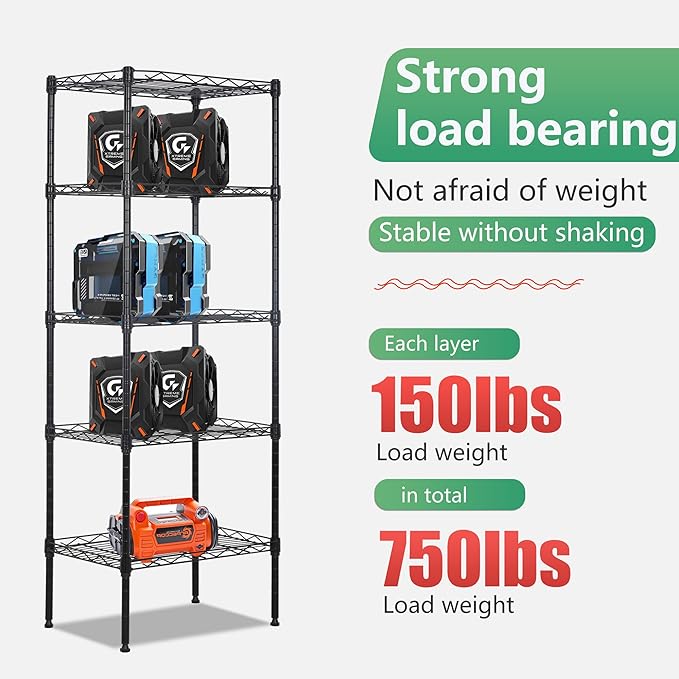 FDW 17L x 12W x 48H Wire Shelving 5 Tier Adjustable Metal Shelves NSF Pantry Shelves Storage Rack Shelving Units for Kitchen Garage Small Places Commercial,Black