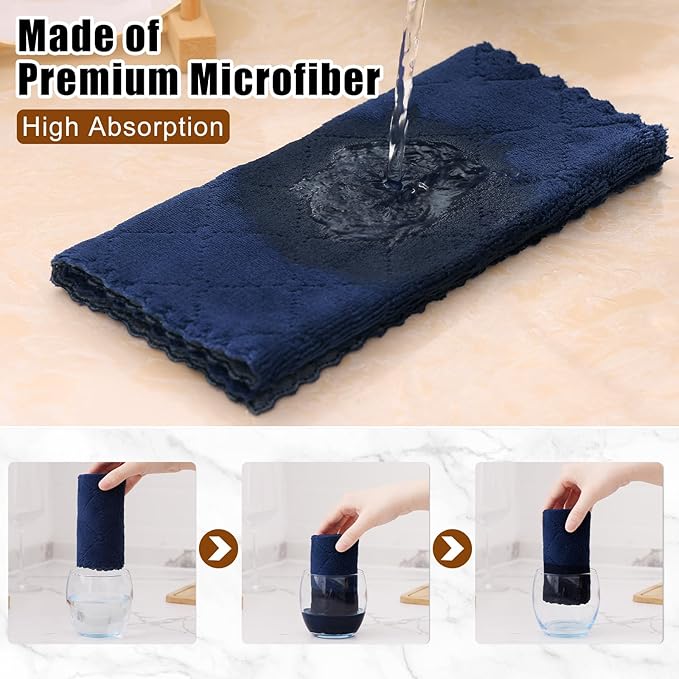 Mordimy 12 Pack Kitchen Towels (20" x 10", Dark Grey & Navy Blue), Super Soft and Absorbent Dish Towels, Coral Velvet Microfiber Cleaning Cloth, Nonstick Oil Fast Dry Dish Cloths