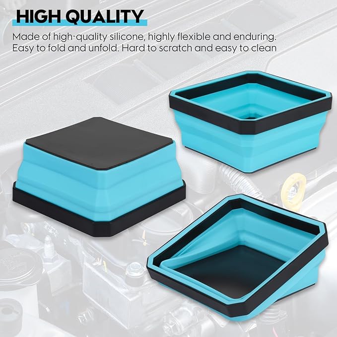 Collapsible Parts Tray Set, 4 Pack New Version Magnetic Tool Trays for Screw Bolts Nuts Washers Pins & Small Metal Parts-4.5' Square Silicone Bowls with Double Sided Magnetic Base(Sky Blue)
