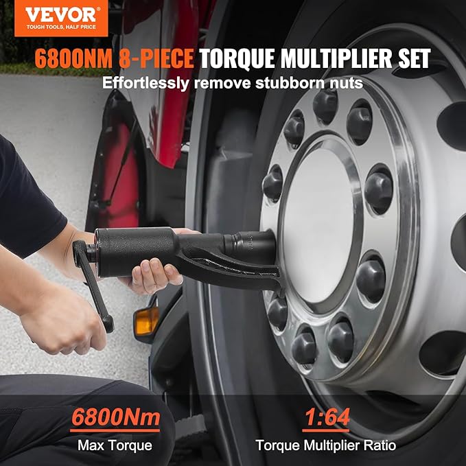 VEVOR Torque Multiplier, 1 Inch Drive Lug Nut Wrench/Multiplier Heavy Duty Torque Multiplier Wrench Set, 1:64 6,800N.m Lug Nut Remover, Includes 8 Sockets (24-38mm) and Storage Case
