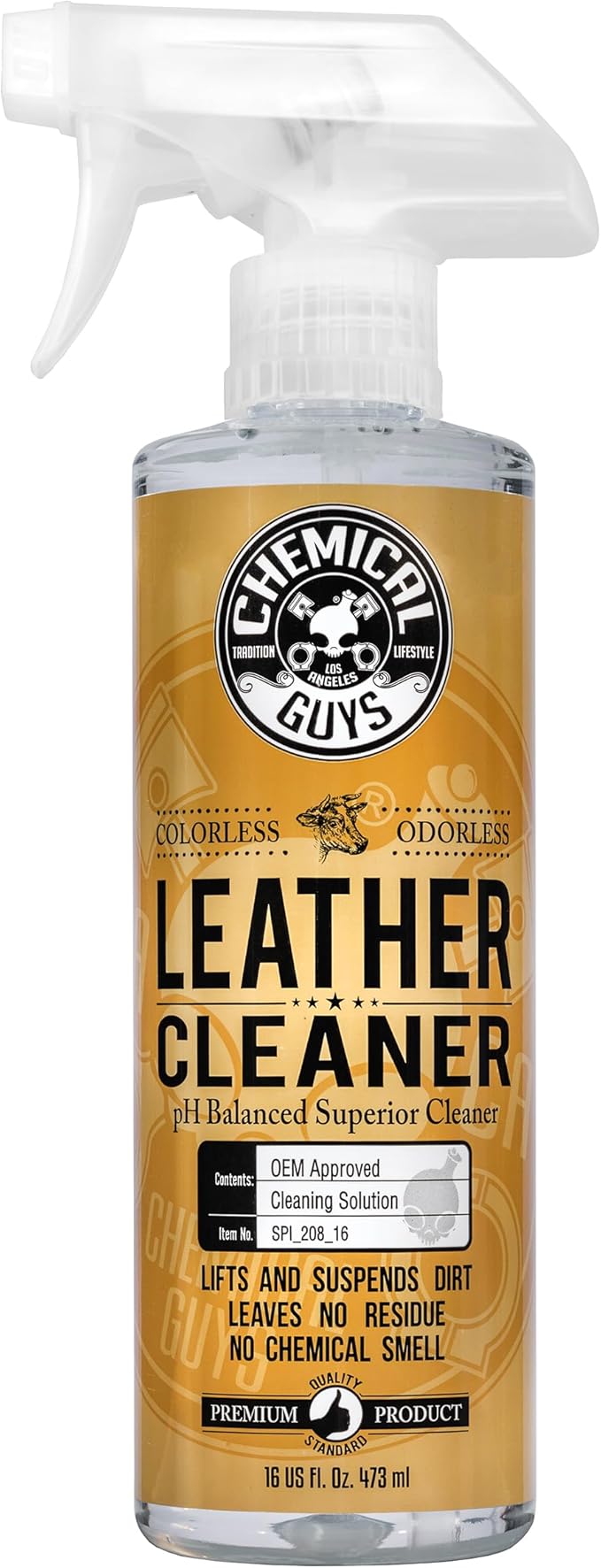 Chemical Guys Colorless and Odorless Leather Cleaner - Safe for Natural, Synthetic, Faux, and Pleather, Car Interior Cleaner, Safe for Furniture, Boots, Apparel, & More - 16 oz
