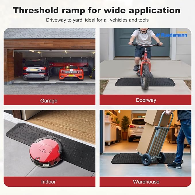 Ruedamann 1-1/2" Rise Rubber Threshold Ramp, 42.9" Wide Wheelchair Ramp, 2200 Lbs Capacity, Entry Ramp, Curb Ramps with Non-Slip Surface, Door Ramps for Wheelchairs, Scooter, Power Chairs, Driveways