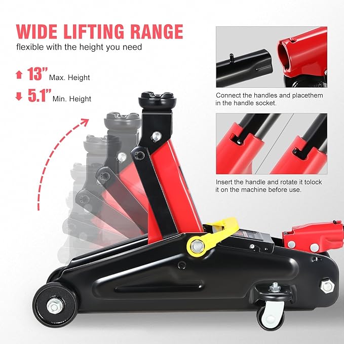 PM PERFORMOTOR Low Profile Hydraulic Trolley Service/Floor Jack, 2 Ton (4000 lbs) Capacity, Lifting Range 5.1"-13",Black,PM-TOL-FJ20-BK